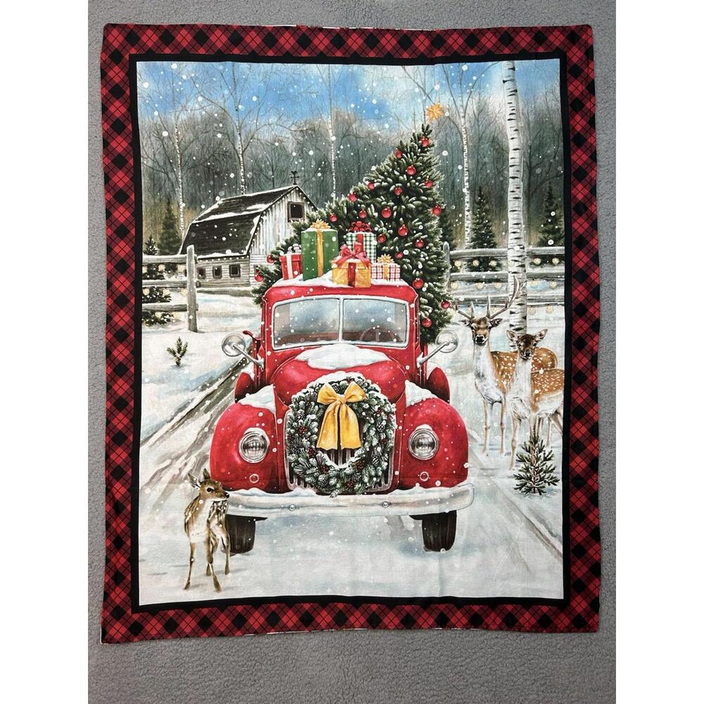 Christmas Red Truck Wall Hanging Quilt Panel 41.5”x 33.5” Winter Farmhouse Decor
